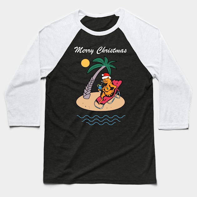 Cat Santa Hat Tropical Beach Cruise Merry Christmas Baseball T-Shirt by okpinsArtDesign